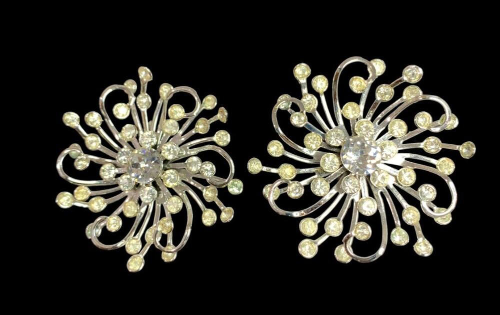 Sarah Coventry "Stardust" 1958 Rhinestones Silver Flower Earrings Clip Ons  2"